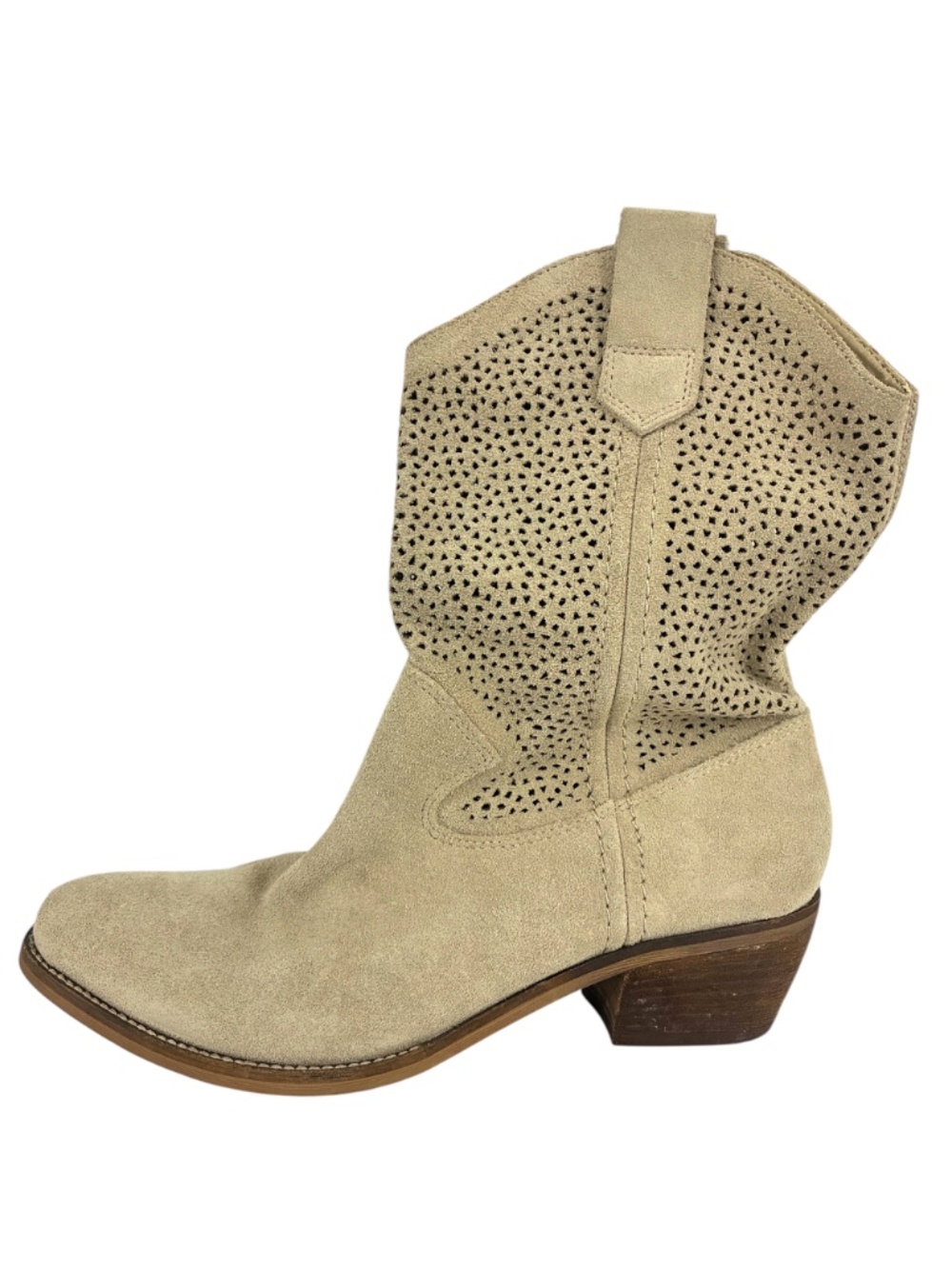 Suede Perforated Cowboy Boots 8.5 Taupe Beige BCBGeneration Bastille Mid-Calf